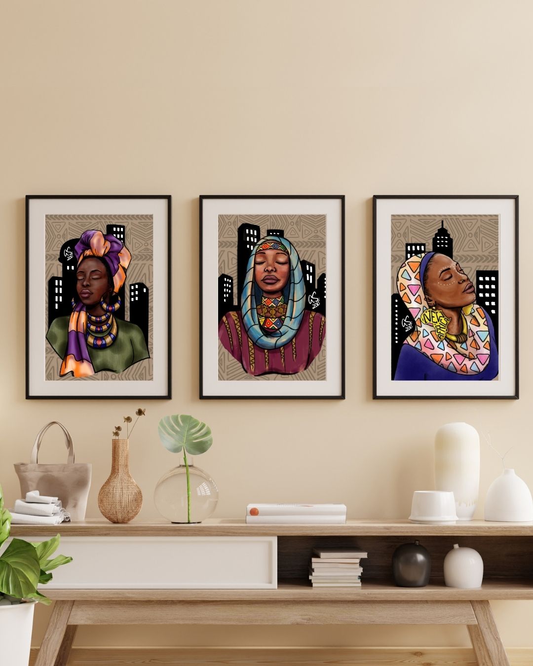 Covered Girls in The City Triptych Art Print